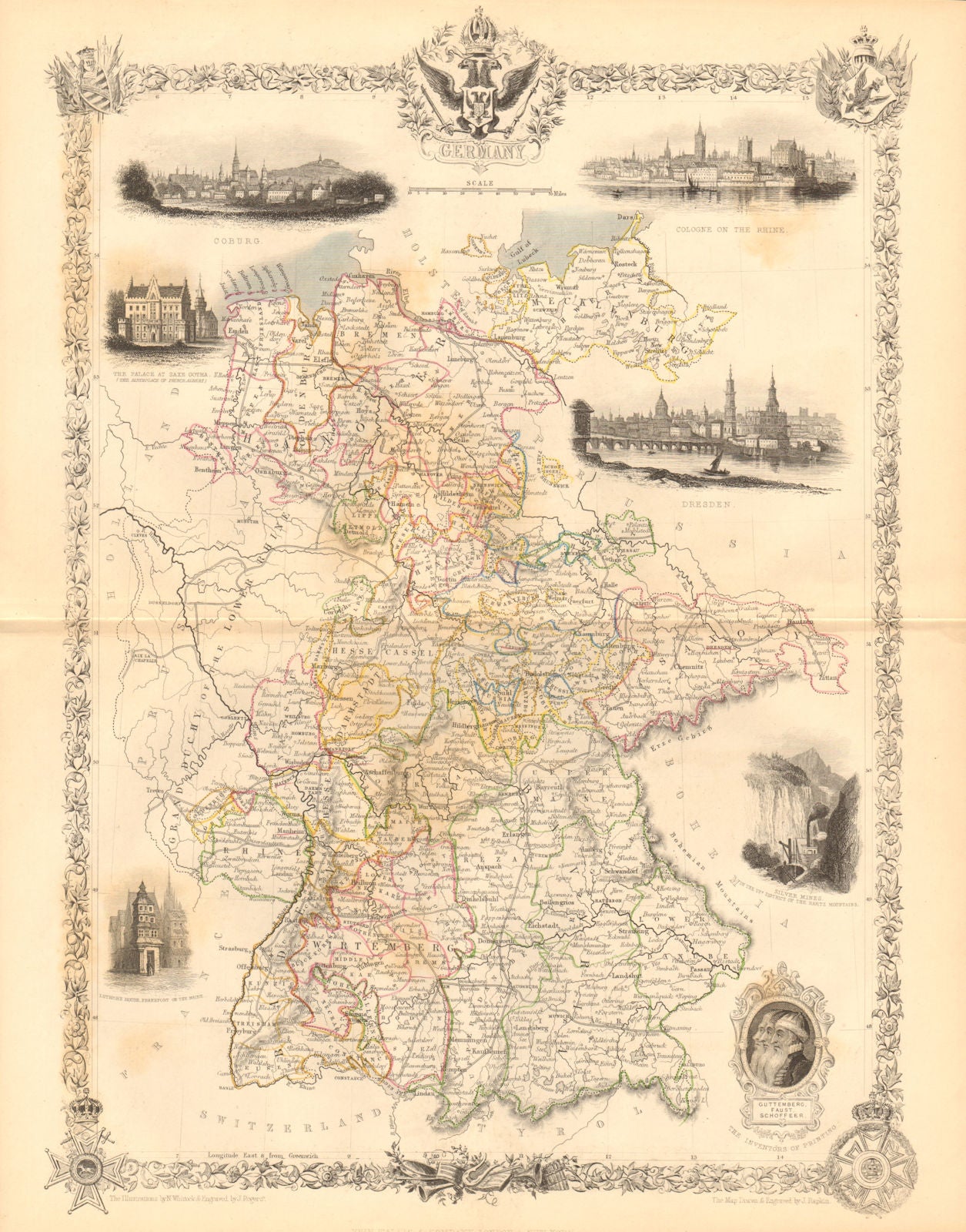 GERMANY with Dresden, Coburg & Hartz silver mines views. RAPKIN/TALLIS c1855 map